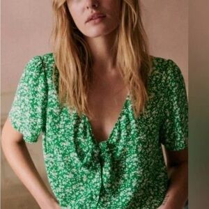 Sezane - Women’s Green Floral Eloine Blouse with Bow Detail - Size: 36/US 4
